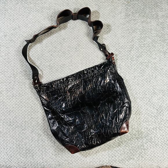 Marni Croc Embossed Black Leather Archival Bag Italy HOBO Brown Shoulder Tote - Picture 1 of 10